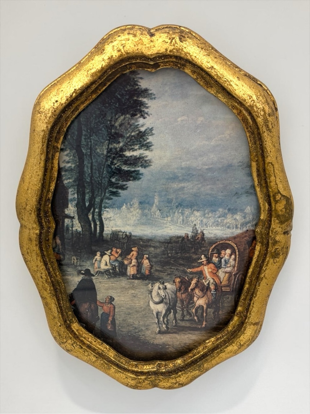 Vintage 1950s Italian Florentine Pastoral Scene Print w/ Gold Gilt Wooden Frame